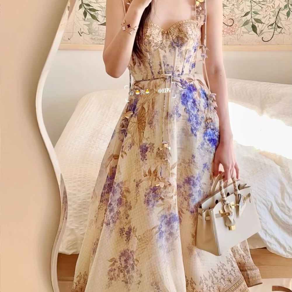 Zimmermann Beige and Blue Floral Midi Dress
